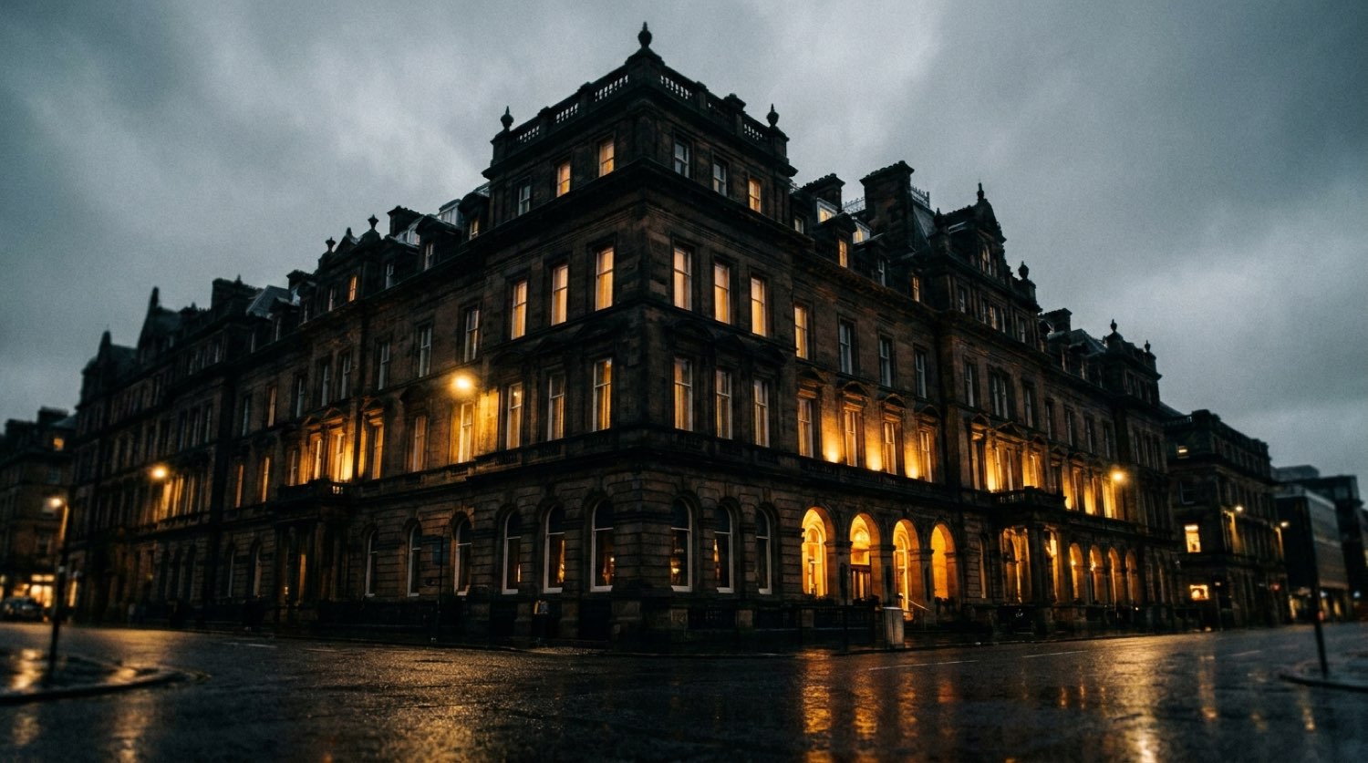 The hotel exterior at night